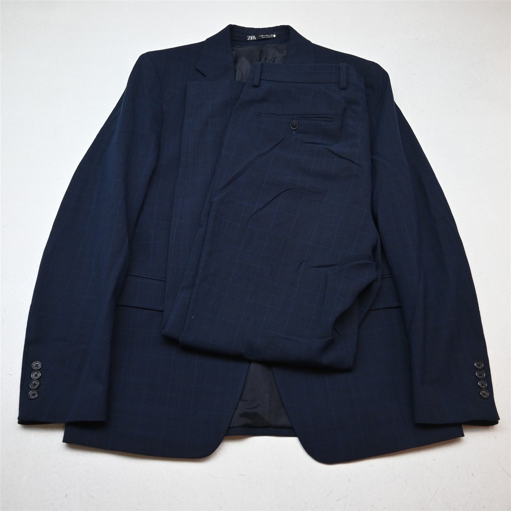Zara 40R 36x32 Blue Check Wool Soft Shoulder Mens Jacket Pants Suit
